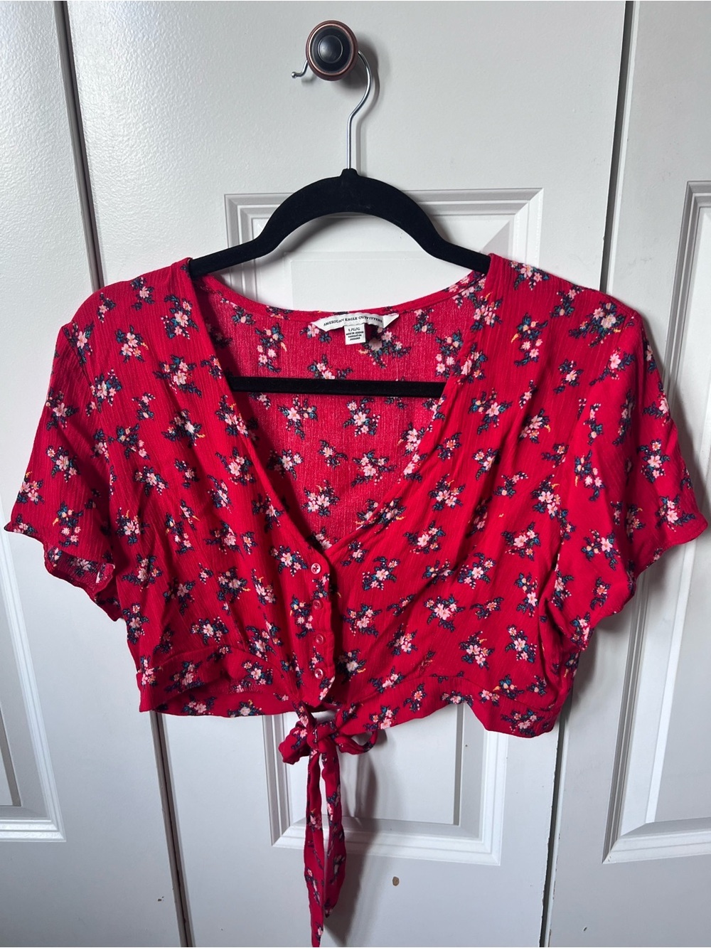 American Eagle Outfitters Red Floral Tie-Front Crop Top